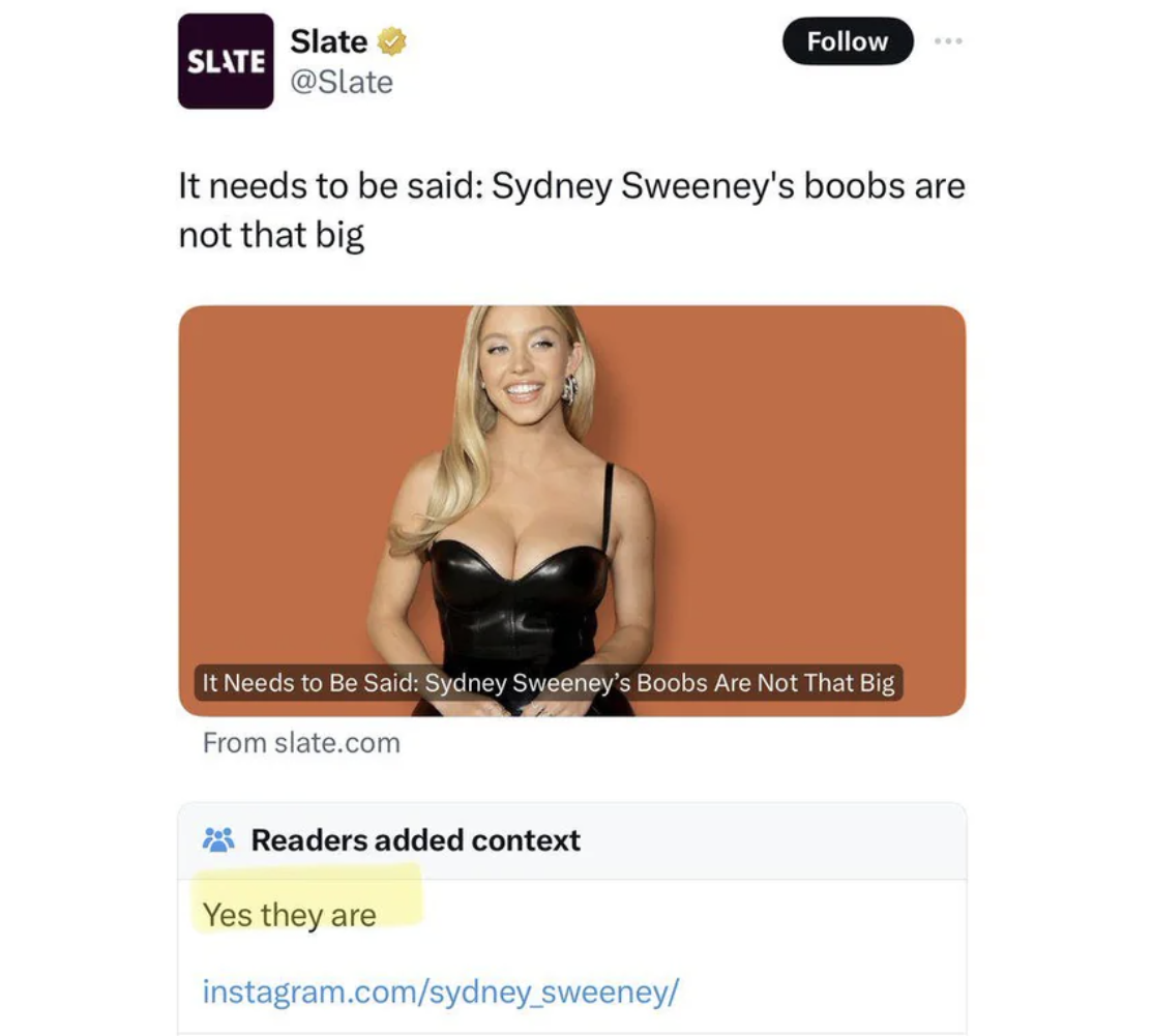 screenshot - Slate Slate It needs to be said Sydney Sweeney's boobs are not that big It Needs to Be Said Sydney Sweeney's Boobs Are Not That Big From slate.com Readers added context Yes they are instagram.comsydney_sweeney